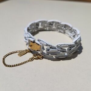 Vintage Monet Enamel Link Bracelet White Gold Tone Textured Safety Chain